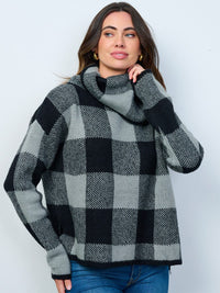 WOMEN'S LONG SLEEVE COLORBLOCK CHECKERS TURTLE NECK PULLOVER SWEATER