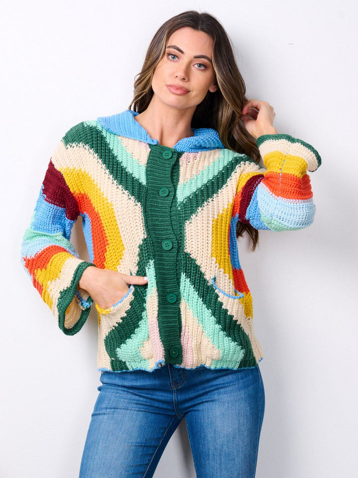 WOMEN'S LONG SLEEVE BUTTON UP FRONT POCKETS KNITTED MULTI SWEATER
