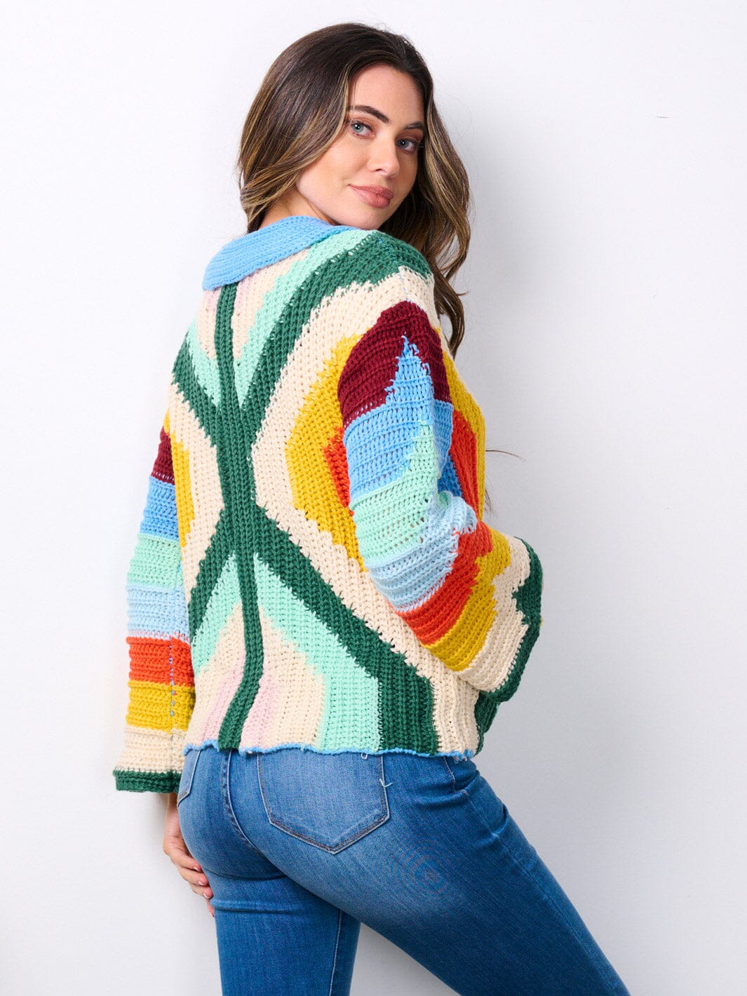 WOMEN'S LONG SLEEVE BUTTON UP FRONT POCKETS KNITTED MULTI SWEATER