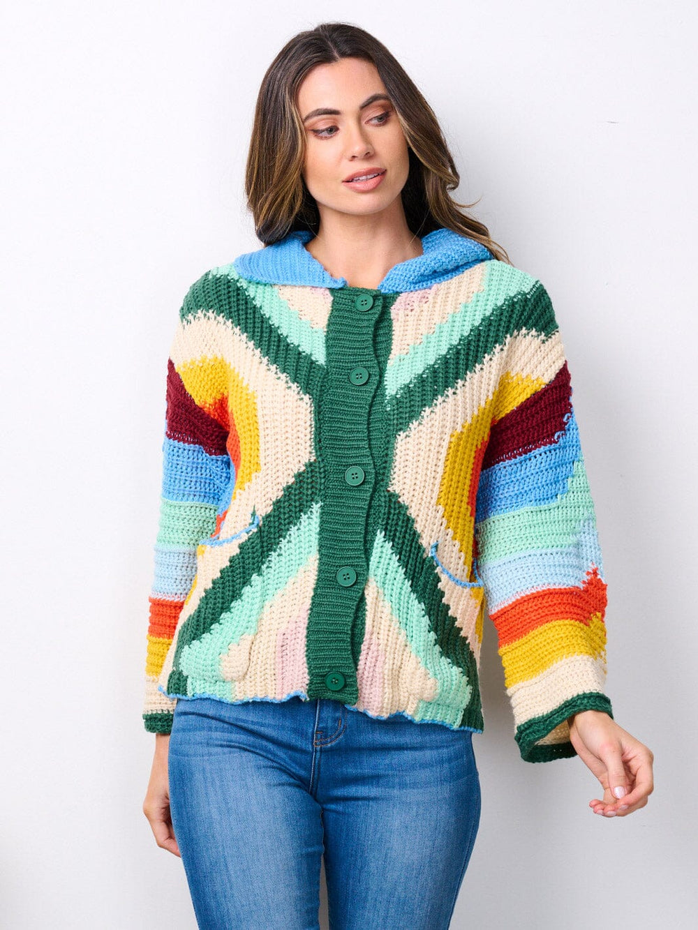 WOMEN'S LONG SLEEVE BUTTON UP FRONT POCKETS KNITTED MULTI SWEATER