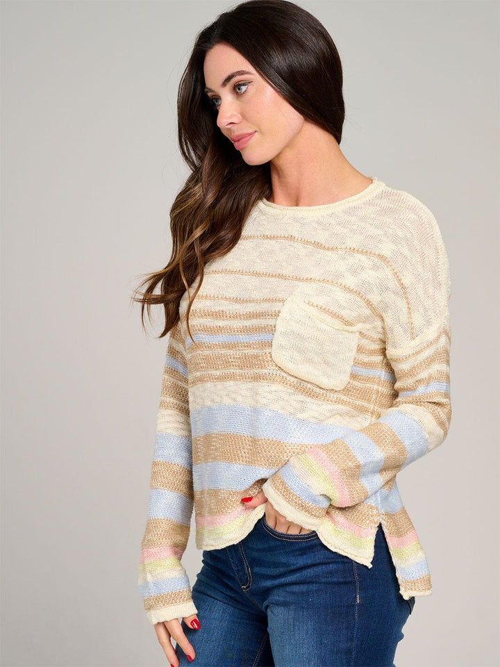 WOMEN'S LONG SLEEVE FRONT POCKET COLORBLOCK STRIPES KNIT PULLOVER SWEATER