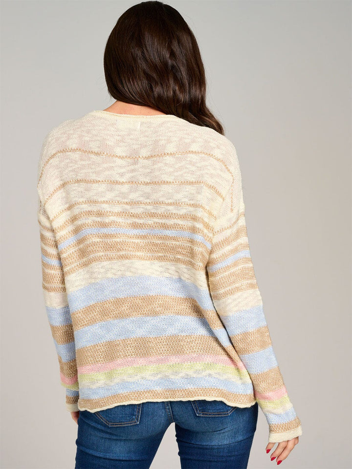WOMEN'S LONG SLEEVE FRONT POCKET COLORBLOCK STRIPES KNIT PULLOVER SWEATER