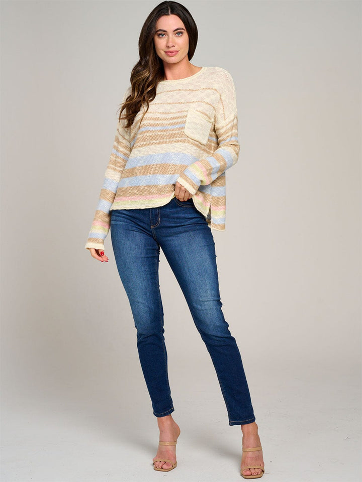 WOMEN'S LONG SLEEVE FRONT POCKET COLORBLOCK STRIPES KNIT PULLOVER SWEATER
