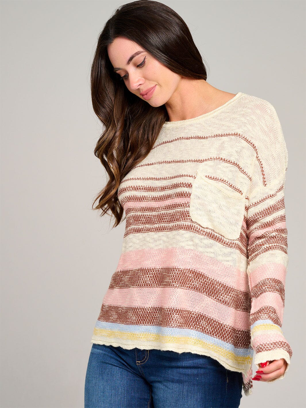 WOMEN'S LONG SLEEVE FRONT POCKET COLORBLOCK STRIPES KNIT PULLOVER SWEATER