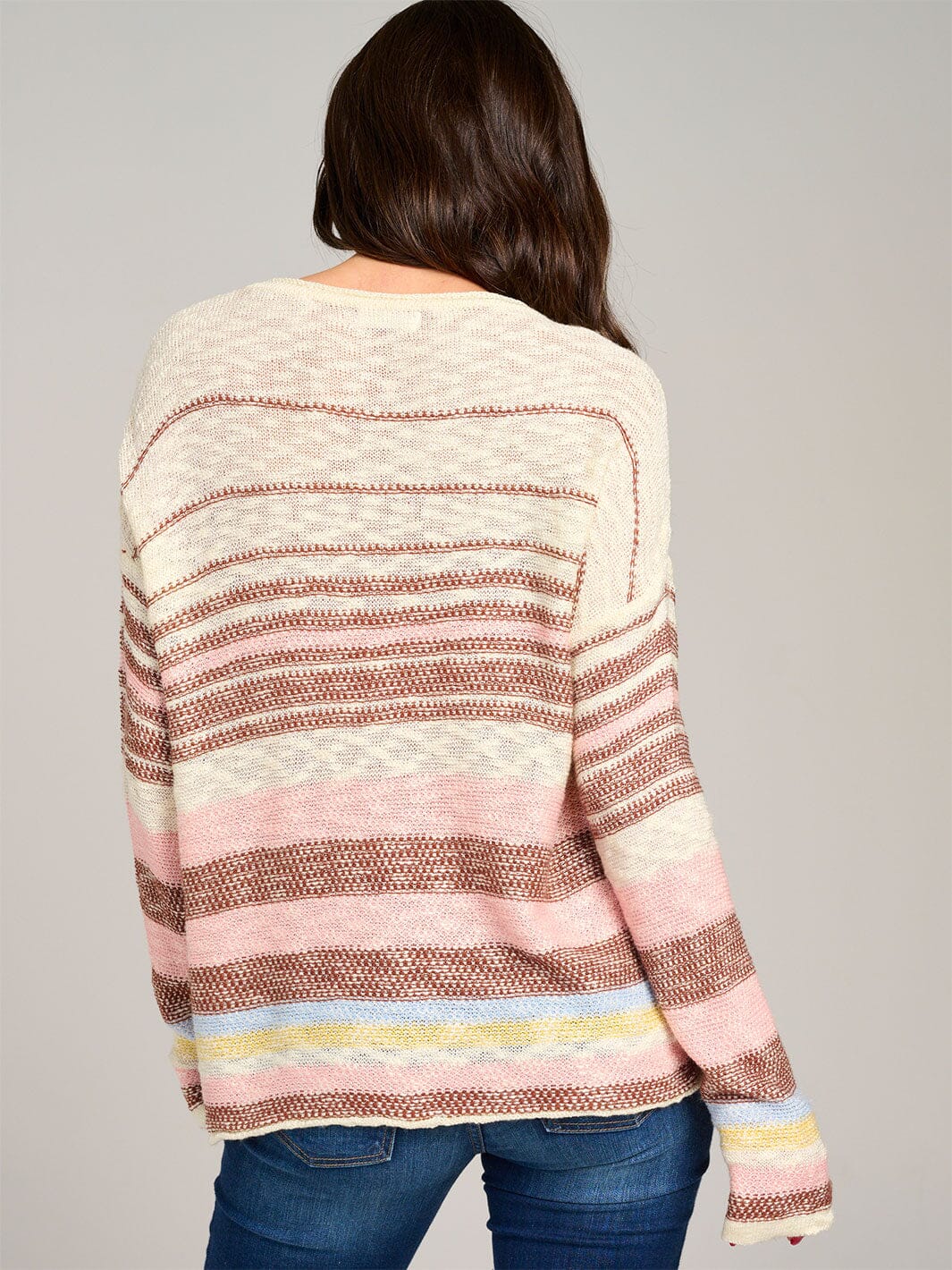 WOMEN'S LONG SLEEVE FRONT POCKET COLORBLOCK STRIPES KNIT PULLOVER SWEATER