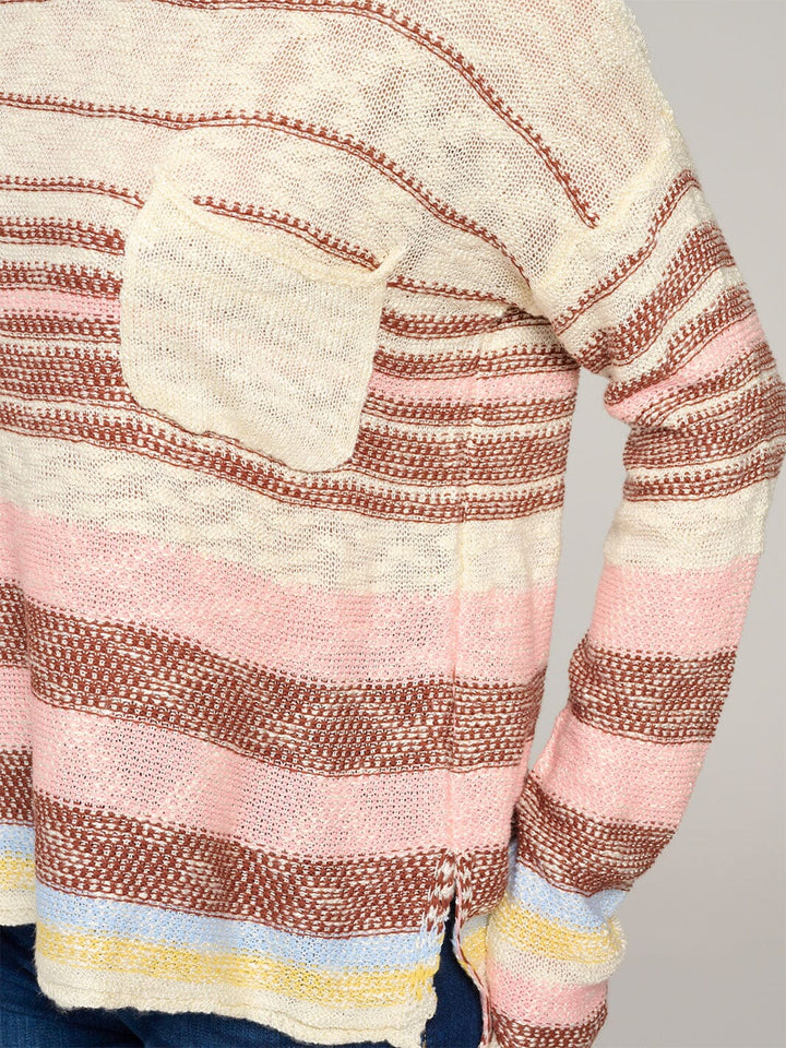 WOMEN'S LONG SLEEVE FRONT POCKET COLORBLOCK STRIPES KNIT PULLOVER SWEATER