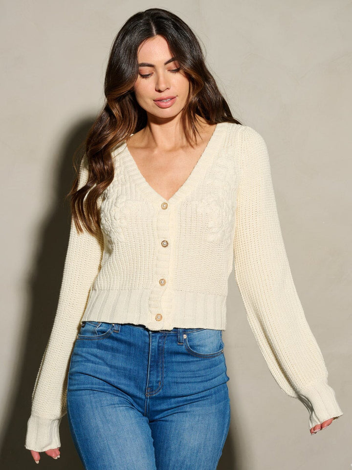 WOMEN'S LONG SLEEVE BUTTON CLOSURE EMBROIDERY DETAILED SWEATER CARDIGAN