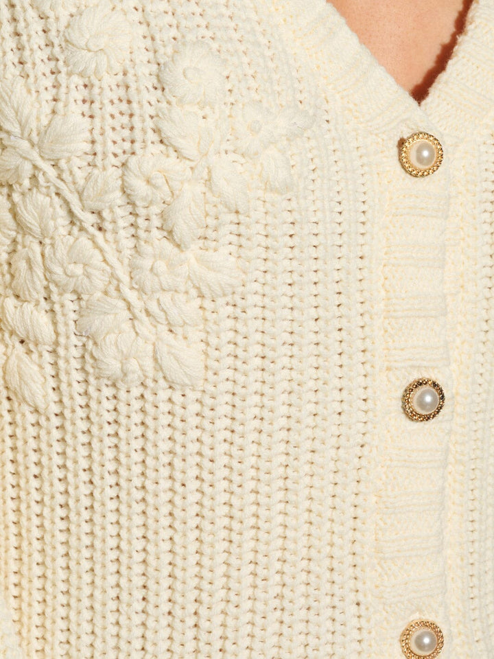 WOMEN'S LONG SLEEVE BUTTON CLOSURE EMBROIDERY DETAILED SWEATER CARDIGAN