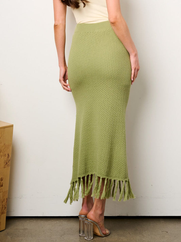 WOMEN'S ELASTIC WAIST FRONT SLIT FRINGE MAXI SKIRT