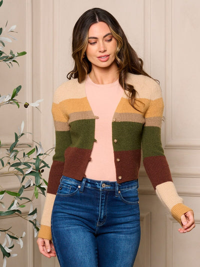 WOMENS LONG SLEEVE BUTTON CLOSURE COLORBLOCK SWEATER