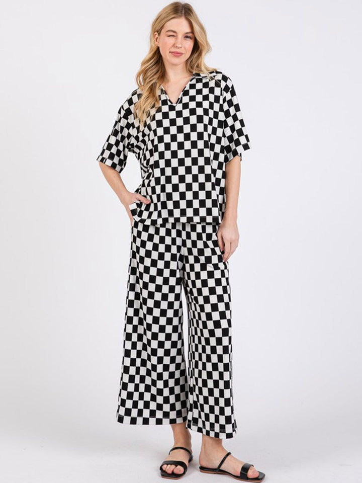WOMEN'S SHORT SLEEVE TOP & ELASTIC WAIST PANTS CHECKER PRINT 2PC. SET