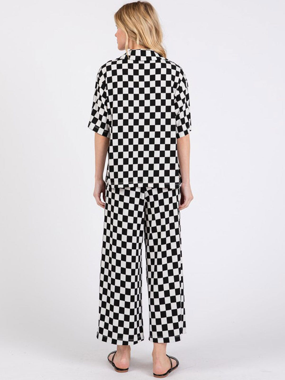 WOMEN'S SHORT SLEEVE TOP & ELASTIC WAIST PANTS CHECKER PRINT 2PC. SET