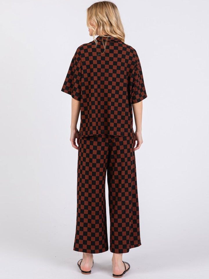 WOMEN'S SHORT SLEEVE TOP & ELASTIC WAIST PANTS CHECKER PRINT 2PC. SET