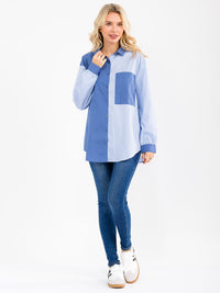 WOMEN'S LONG SLEEVE BUTTON UP FRONT POCKET COLORBLOCK SHIRT