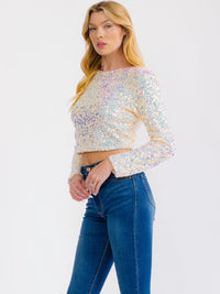 WOMEN'S LONG SLEEVE ZIP UP SEQUINS CROP TOP