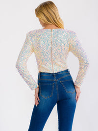 WOMEN'S LONG SLEEVE ZIP UP SEQUINS CROP TOP