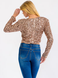 WOMEN'S LONG SLEEVE ZIP UP SEQUINS CROP TOP