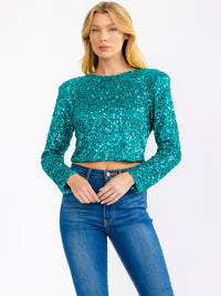 WOMEN'S LONG SLEEVE ZIP UP SEQUINS CROP TOP