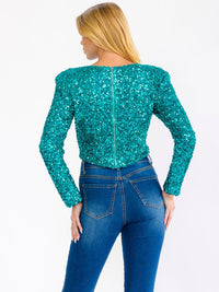 WOMEN'S LONG SLEEVE ZIP UP SEQUINS CROP TOP