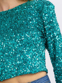 WOMEN'S LONG SLEEVE ZIP UP SEQUINS CROP TOP