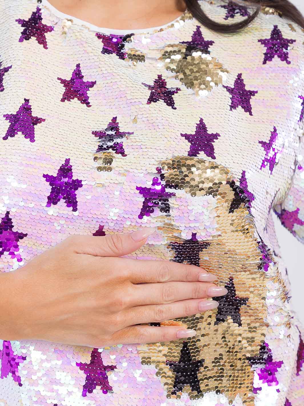 WOMEN'S SHORT SLEEVE STARS PRINT SEQUINS BLOUSE