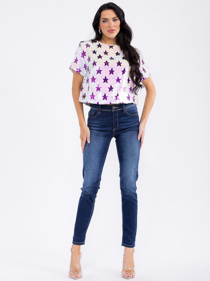 WOMEN'S SHORT SLEEVE STARS PRINT SEQUINS BLOUSE