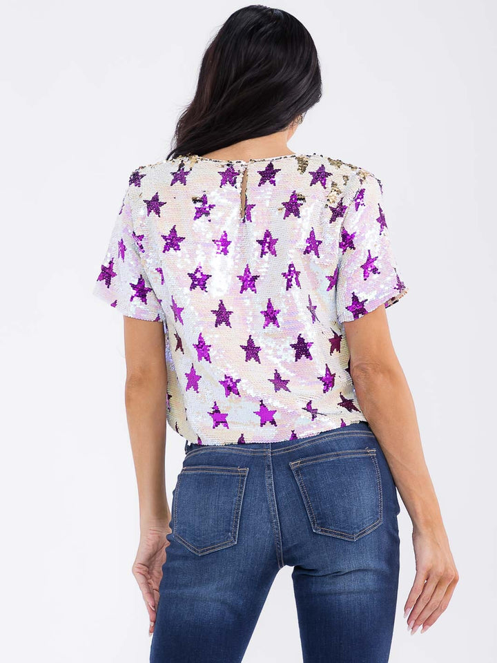 WOMEN'S SHORT SLEEVE STARS PRINT SEQUINS BLOUSE