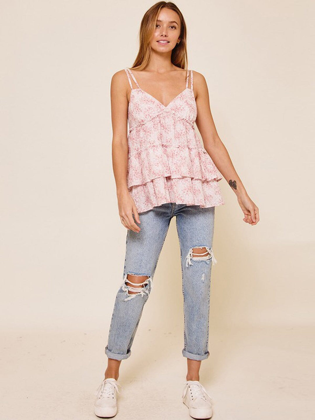 WOMEN'S V-NECK FLORAL TIERED RUFFLE TUNIC TANK TOP ...
