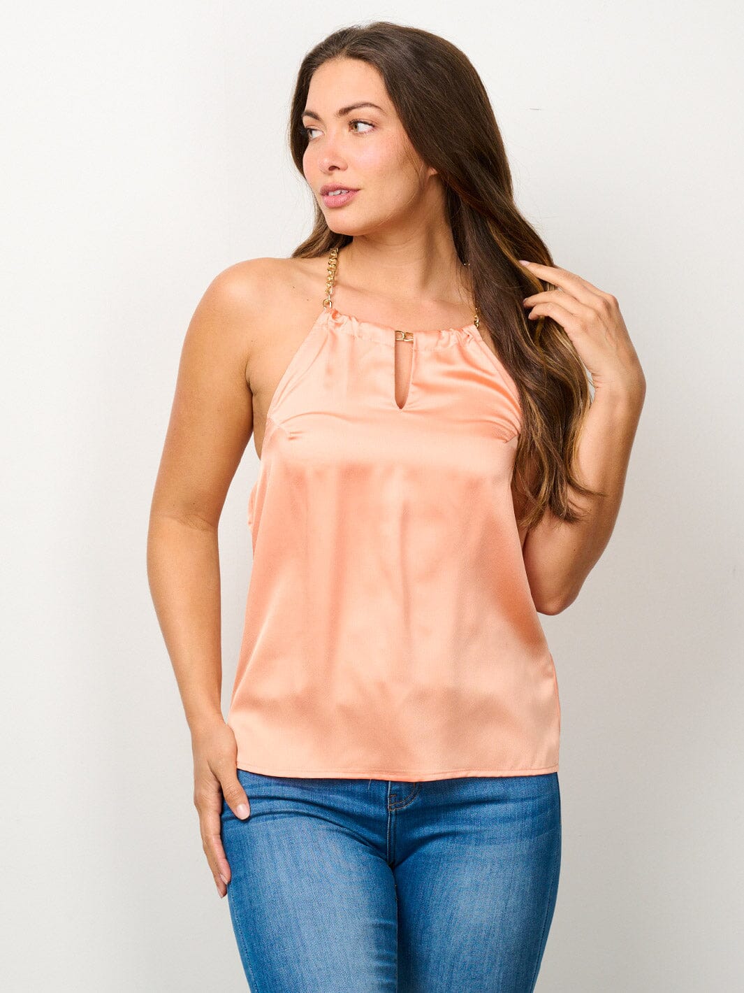WOMEN'S SLEEVELESS HALTER NECK SATIN TANK TOP
