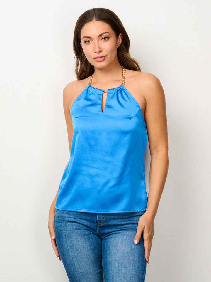 WOMEN'S SLEEVELESS HALTER NECK SATIN TANK TOP