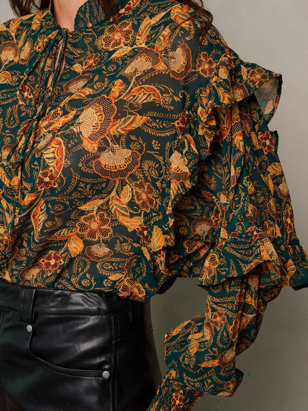 WOMEN'S LONG SLEEVE NECK TIE RUFFLE FLORAL BLOUSE TOP