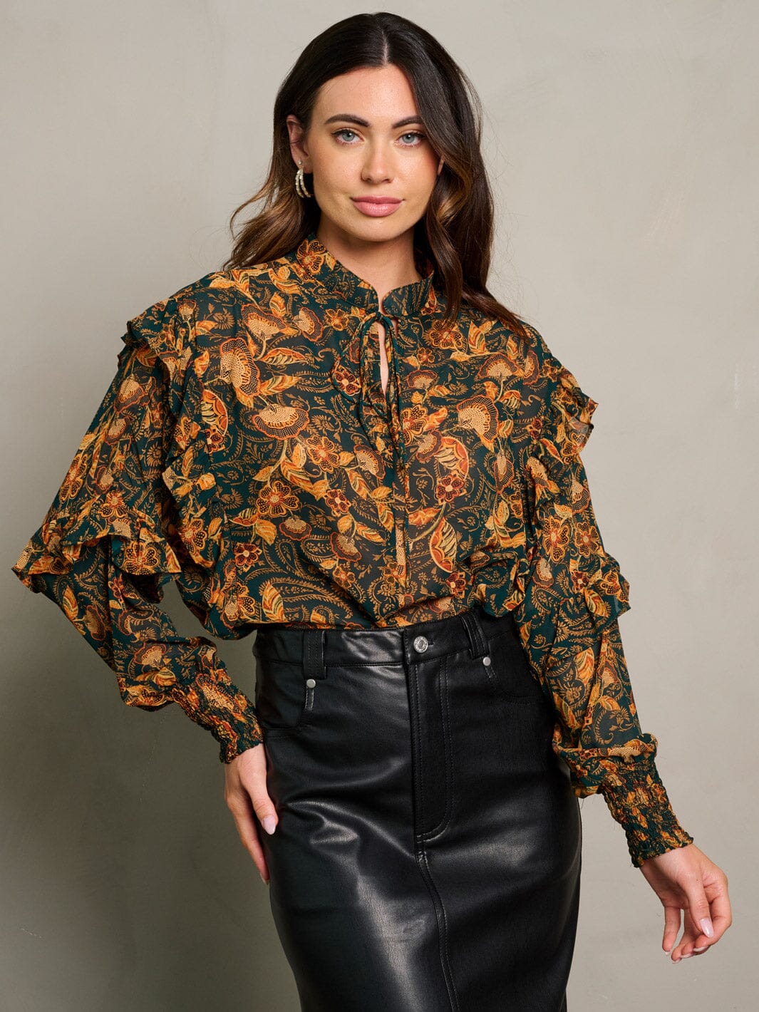 WOMEN'S LONG SLEEVE NECK TIE RUFFLE FLORAL BLOUSE TOP