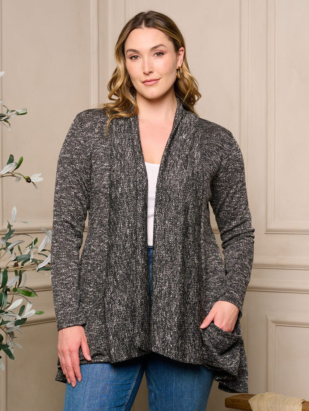 PLUS SIZE LONG SLEEVE OPEN FRONT POCKETS WASHED CARDIGAN