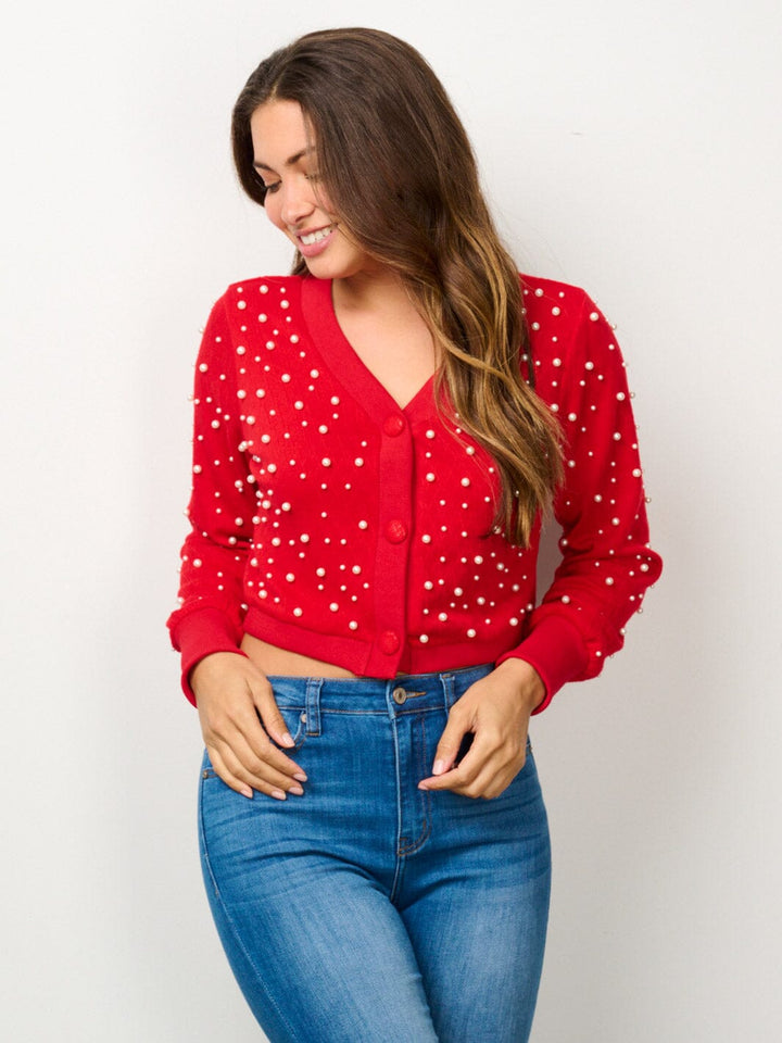 WOMEN'S LONG SLEEVE BUTTON UP PEARL DETAILED CROP TOP