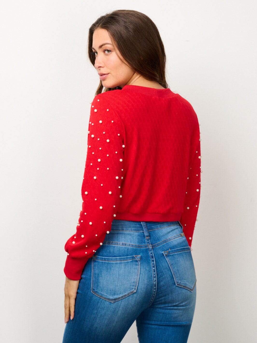 WOMEN'S LONG SLEEVE BUTTON UP PEARL DETAILED CROP TOP