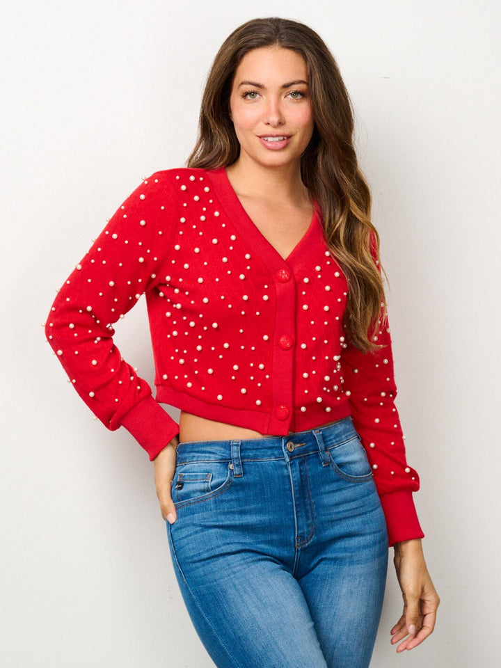 WOMEN'S LONG SLEEVE BUTTON UP PEARL DETAILED CROP TOP