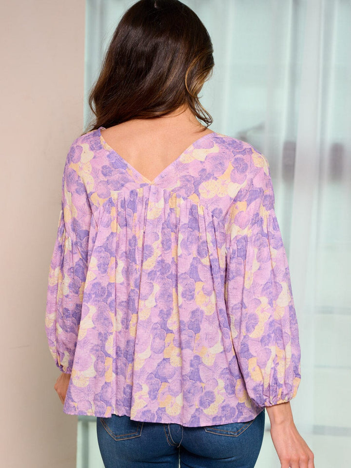 WOMEN'S LONG SLEEVE V-NECK MULTI PRINT BLOUSE TOP