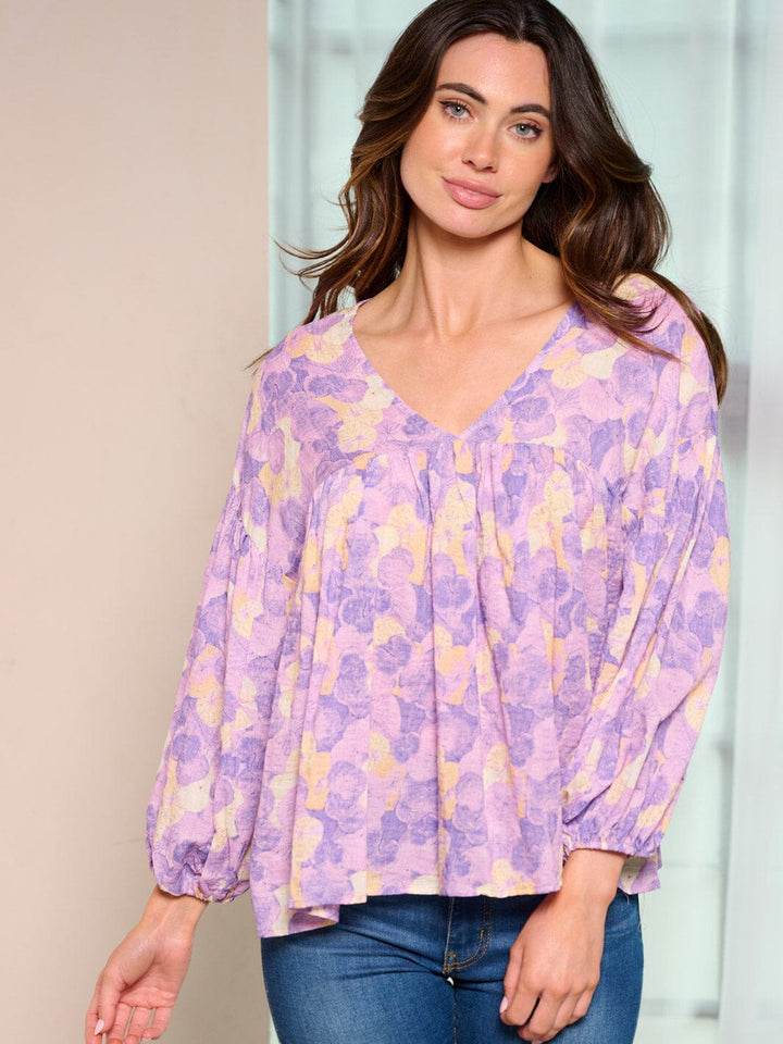 WOMEN'S LONG SLEEVE V-NECK MULTI PRINT BLOUSE TOP