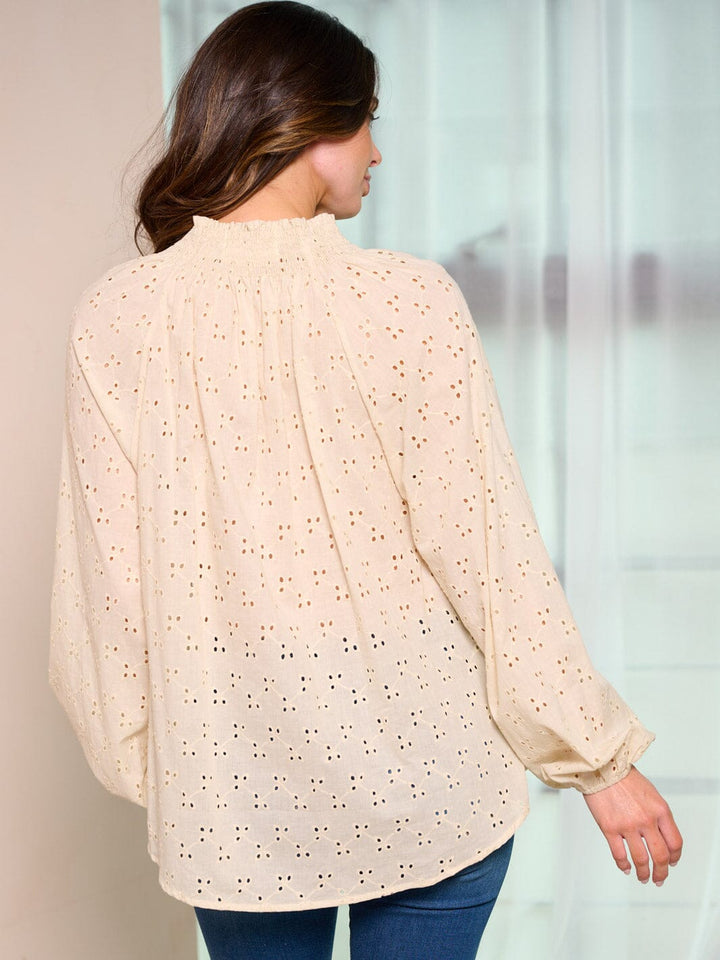 WOMEN'S LONG SLEEVE V-NECK EYELET BLOUSE TOP