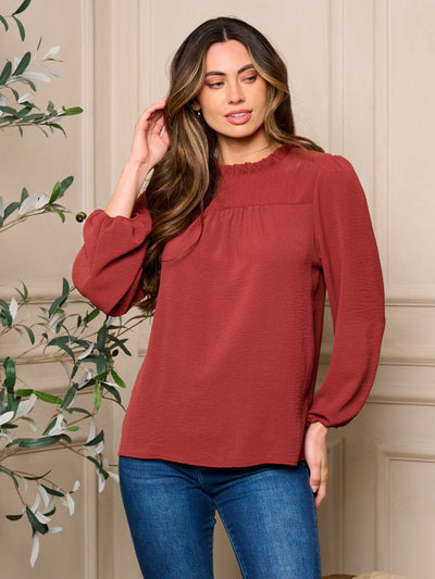 WOMENS LONG SLEEVE RUFFLE NECK DETAILED BLOUSE TOP