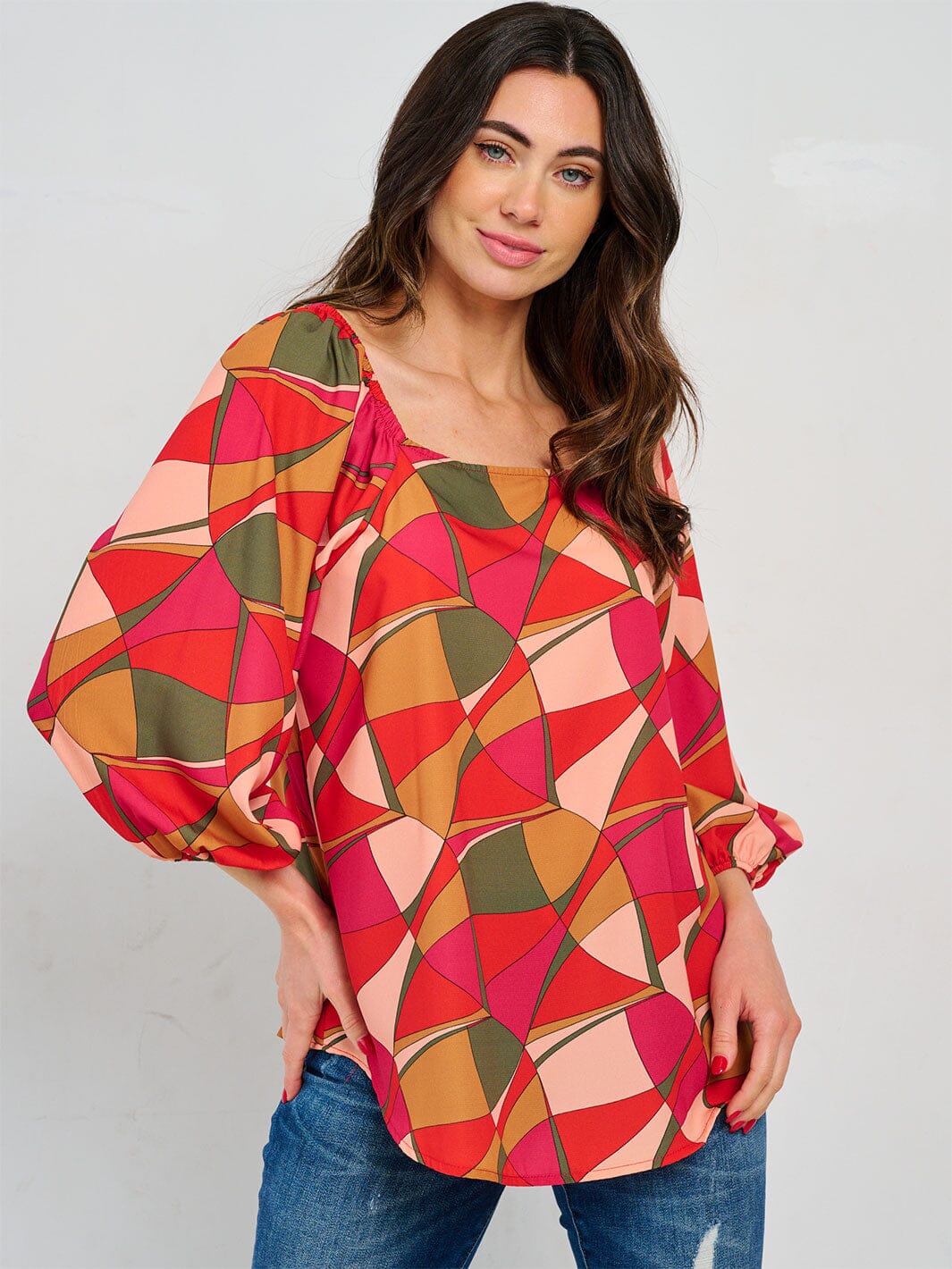 WOMEN'S 3/4 SLEEVE SQUARE NECK MULTI PRINT TUNIC BLOUSE