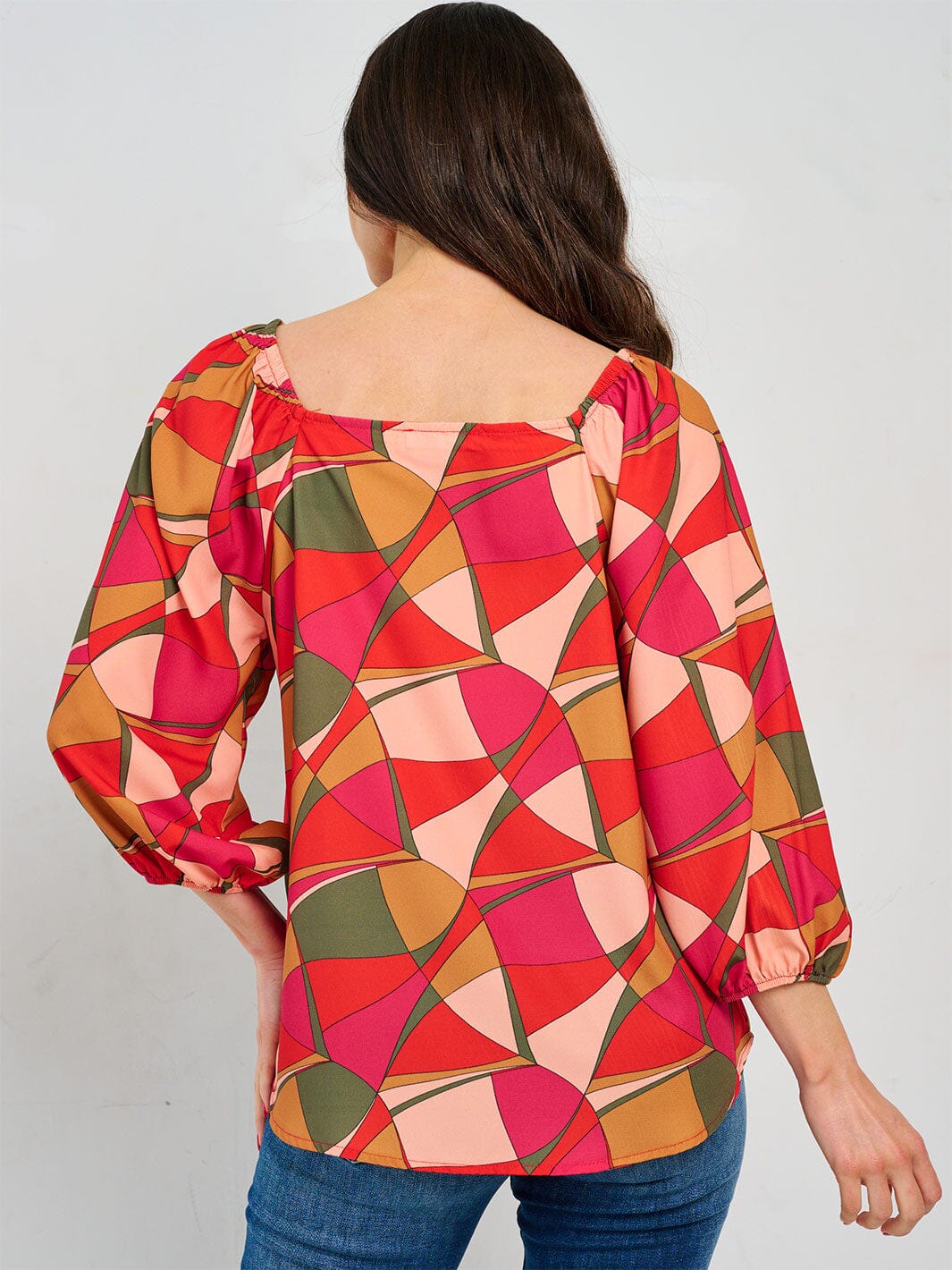 WOMEN'S 3/4 SLEEVE SQUARE NECK MULTI PRINT TUNIC BLOUSE