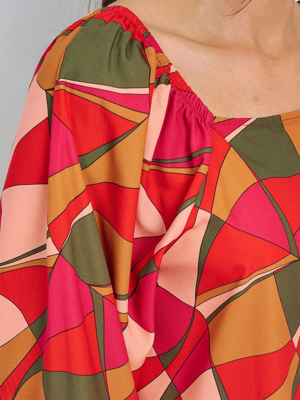 WOMEN'S 3/4 SLEEVE SQUARE NECK MULTI PRINT TUNIC BLOUSE