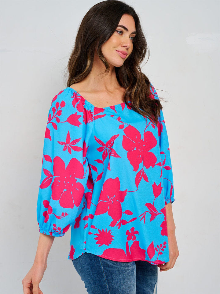 WOMEN'S 3/4 SLEEVE SQUARE NECK FLORAL PRINT TUNIC BLOUSE