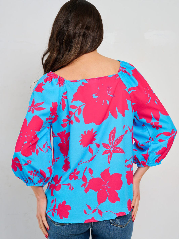WOMEN'S 3/4 SLEEVE SQUARE NECK FLORAL PRINT TUNIC BLOUSE