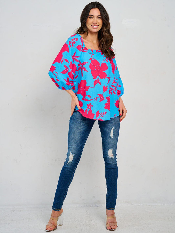 WOMEN'S 3/4 SLEEVE SQUARE NECK FLORAL PRINT TUNIC BLOUSE