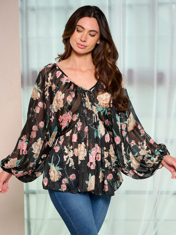 WOMEN'S LONG SLEEVE V-NECK FLOWER PRINT TUNIC BLOUSE TOP
