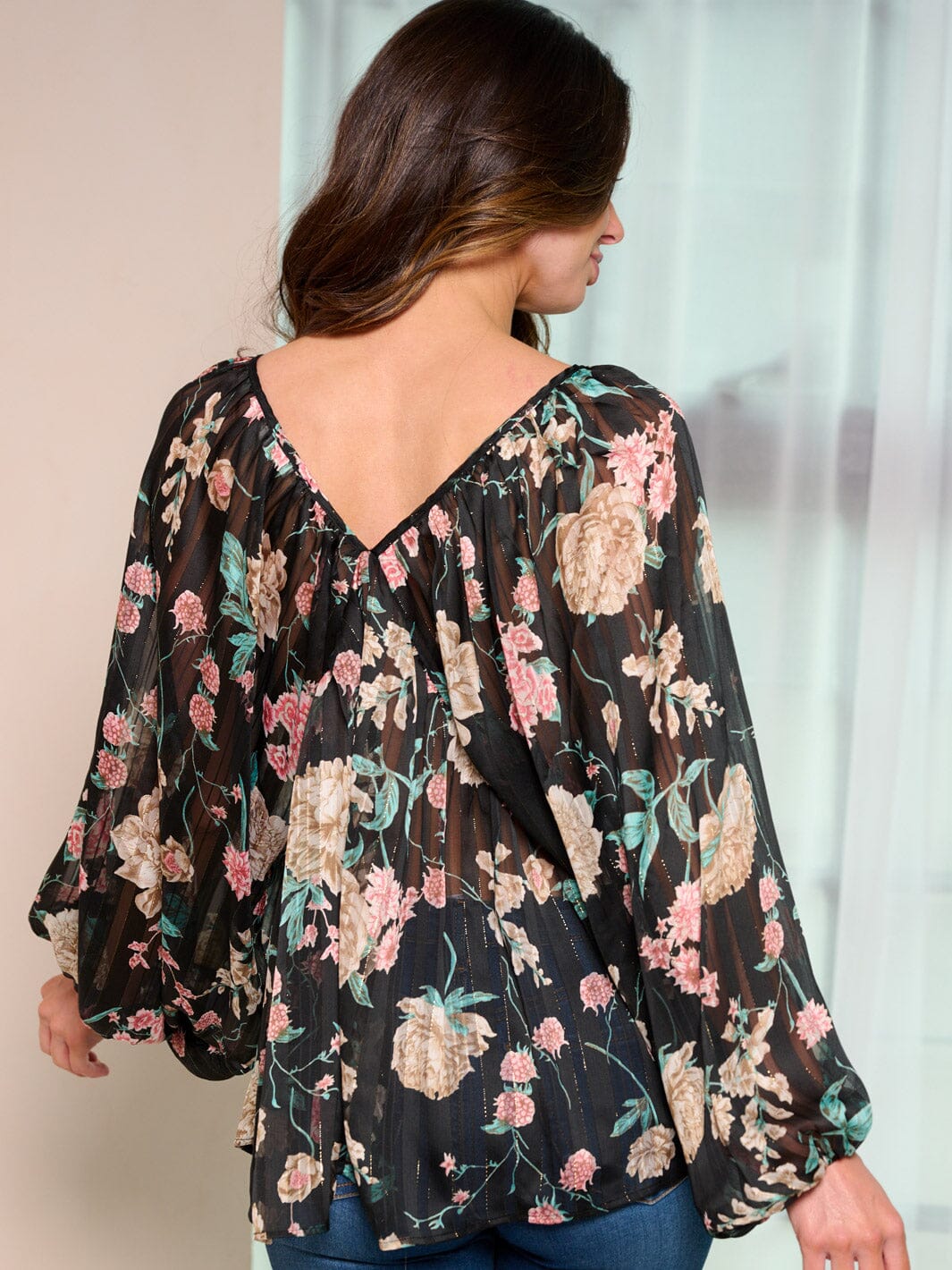 WOMEN'S LONG SLEEVE V-NECK FLOWER PRINT TUNIC BLOUSE TOP