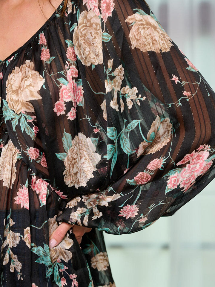 WOMEN'S LONG SLEEVE V-NECK FLOWER PRINT TUNIC BLOUSE TOP