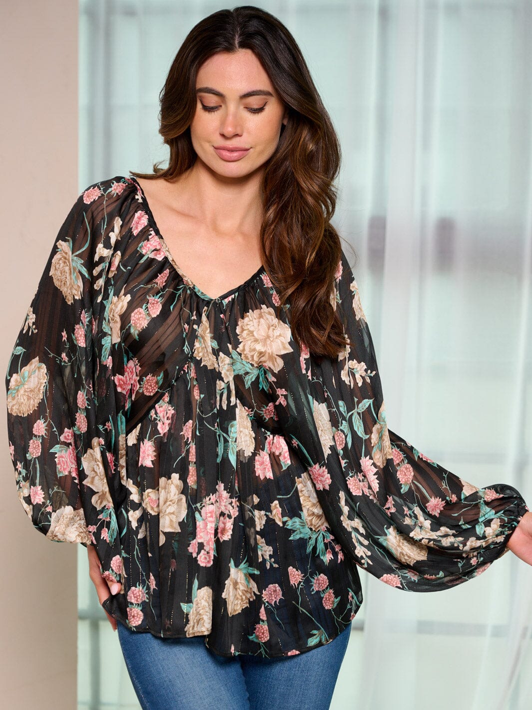 WOMEN'S LONG SLEEVE V-NECK FLOWER PRINT TUNIC BLOUSE TOP